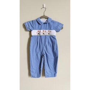 Velani Classics Boys Blue Gingham Smocked Cowboy Longall Romper Size 3T Western